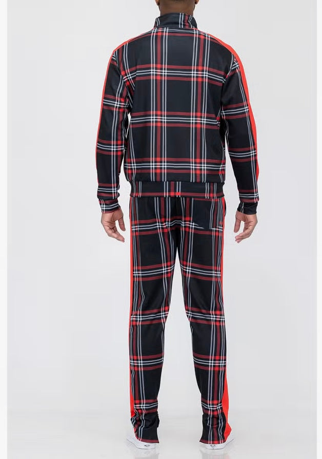Plaid Full Zip Track Jacket and Pant Set Red