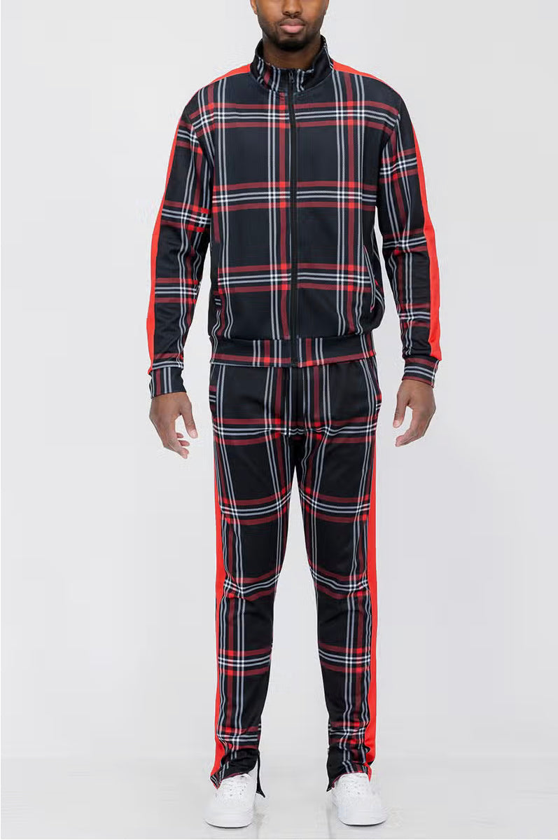 Plaid Full Zip Track Jacket and Pant Set Red